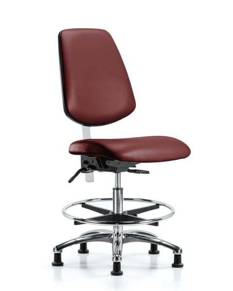 Class 100 Vinyl Clean Room Chair - Medium Bench Height with Medium Back, Chrome Foot Ring, & Stationary Glides in Borscht Supernova Vinyl - NCR-VMBCH-MB-CR-T0-A0-CF-RG-8815