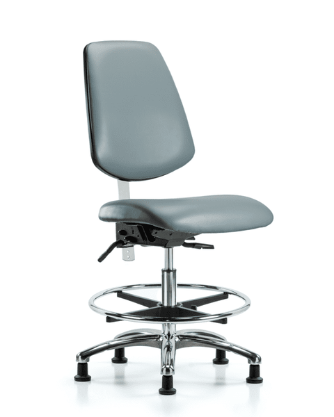 Class 100 Vinyl Clean Room Chair - Medium Bench Height with Medium Back, Chrome Foot Ring, & Stationary Glides in Storm Supernova Vinyl - NCR-VMBCH-MB-CR-T0-A0-CF-RG-8822