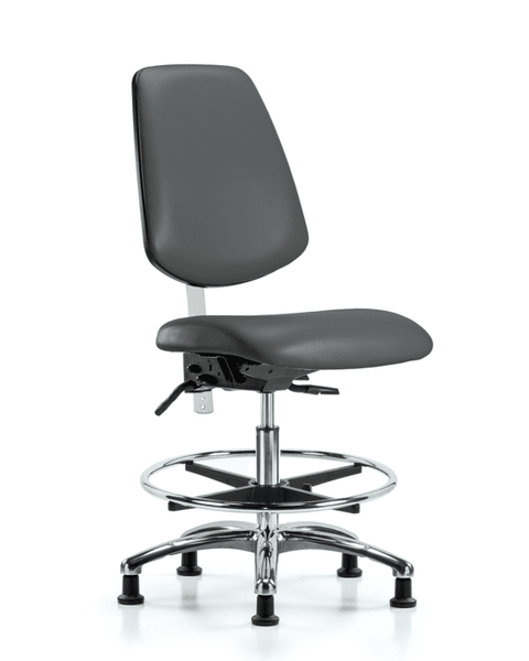 Class 100 Vinyl Clean Room Chair - Medium Bench Height with Medium Back, Chrome Foot Ring, & Stationary Glides in Carbon Supernova Vinyl - NCR-VMBCH-MB-CR-T0-A0-CF-RG-8823