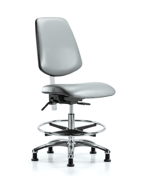 Class 100 Vinyl Clean Room Chair - Medium Bench Height with Medium Back, Chrome Foot Ring, & Stationary Glides in Sterling Supernova Vinyl - NCR-VMBCH-MB-CR-T0-A0-CF-RG-8840