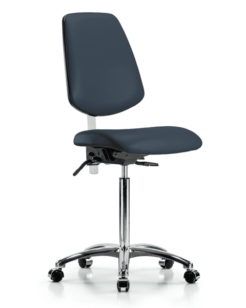 Class 100 Vinyl Clean Room Chair - Medium Bench Height with Medium Back & Casters in Imperial Blue Trailblazer Vinyl - NCR-VMBCH-MB-CR-T0-A0-NF-CC-8582