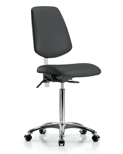 Class 100 Vinyl Clean Room Chair - Medium Bench Height with Medium Back & Casters in Charcoal Trailblazer Vinyl - NCR-VMBCH-MB-CR-T0-A0-NF-CC-8605