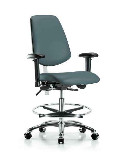Class 100 Vinyl Clean Room Chair - Medium Bench Height with Medium Back, Adjustable Arms, Chrome Foot Ring, & Casters in Colonial Blue Trailblazer Vinyl - NCR-VMBCH-MB-CR-T0-A1-CF-CC-8546