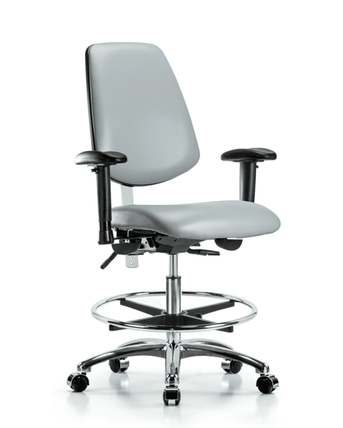 Class 100 Vinyl Clean Room Chair - Medium Bench Height with Medium Back, Adjustable Arms, Chrome Foot Ring, & Casters in Dove Trailblazer Vinyl - NCR-VMBCH-MB-CR-T0-A1-CF-CC-8567