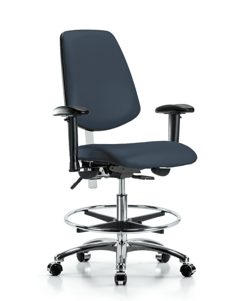Class 100 Vinyl Clean Room Chair - Medium Bench Height with Medium Back, Adjustable Arms, Chrome Foot Ring, & Casters in Imperial Blue Trailblazer Vinyl - NCR-VMBCH-MB-CR-T0-A1-CF-CC-8582