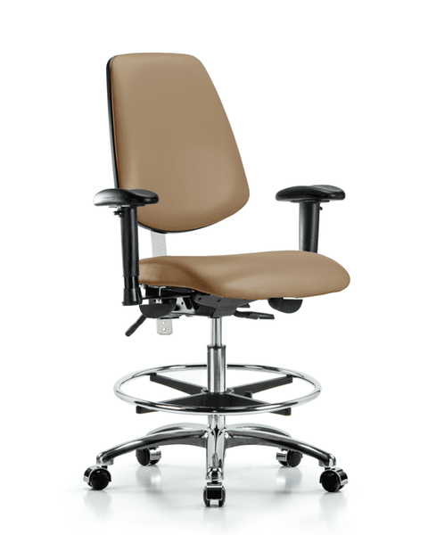 Class 100 Vinyl Clean Room Chair - Medium Bench Height with Medium Back, Adjustable Arms, Chrome Foot Ring, & Casters in Taupe Trailblazer Vinyl - NCR-VMBCH-MB-CR-T0-A1-CF-CC-8584