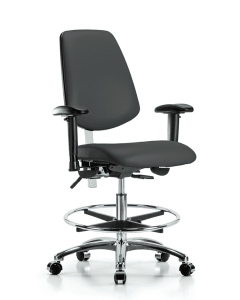 Class 100 Vinyl Clean Room Chair - Medium Bench Height with Medium Back, Adjustable Arms, Chrome Foot Ring, & Casters in Charcoal Trailblazer Vinyl - NCR-VMBCH-MB-CR-T0-A1-CF-CC-8605