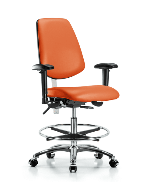 Class 100 Vinyl Clean Room Chair - Medium Bench Height with Medium Back, Adjustable Arms, Chrome Foot Ring, & Casters in Orange Kist Trailblazer Vinyl - NCR-VMBCH-MB-CR-T0-A1-CF-CC-8613