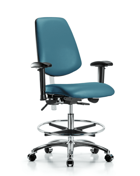 Class 100 Vinyl Clean Room Chair - Medium Bench Height with Medium Back, Adjustable Arms, Chrome Foot Ring, & Casters in Marine Blue Supernova Vinyl - NCR-VMBCH-MB-CR-T0-A1-CF-CC-8801