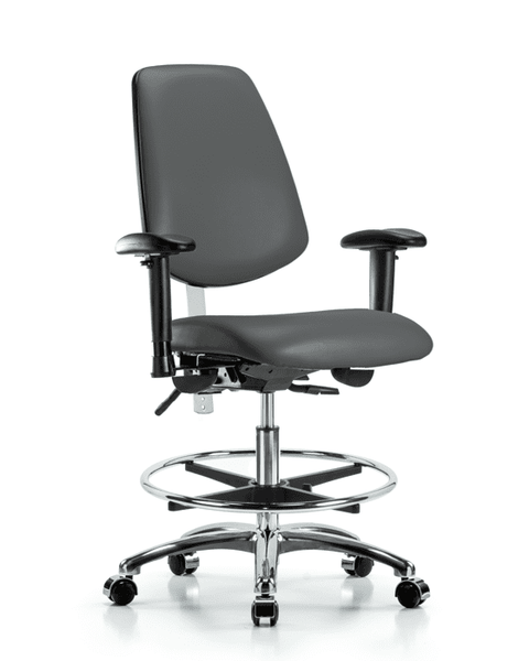 Class 100 Vinyl Clean Room Chair - Medium Bench Height with Medium Back, Adjustable Arms, Chrome Foot Ring, & Casters in Carbon Supernova Vinyl - NCR-VMBCH-MB-CR-T0-A1-CF-CC-8823