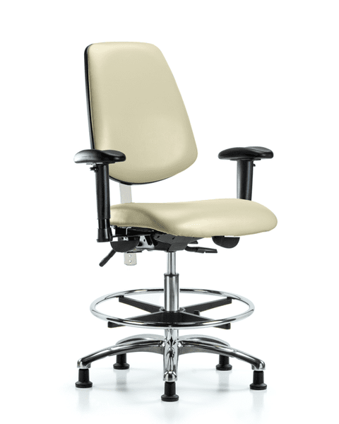 Class 100 Vinyl Clean Room Chair - Medium Bench Height with Medium Back, Adjustable Arms, Chrome Foot Ring, & Stationary Glides in Adobe White Trailblazer Vinyl - NCR-VMBCH-MB-CR-T0-A1-CF-RG-8501