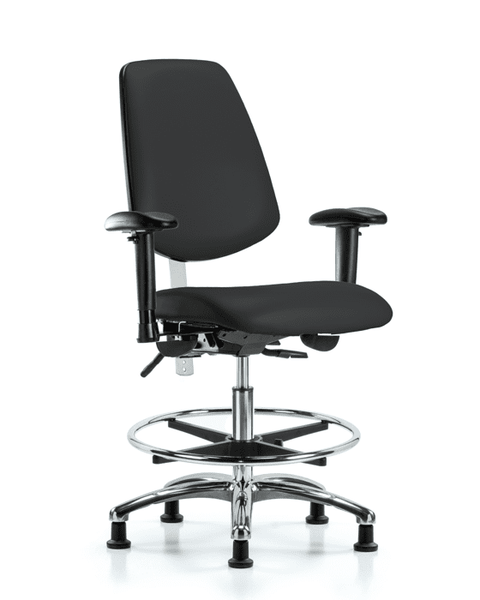 Class 100 Vinyl Clean Room Chair - Medium Bench Height with Medium Back, Adjustable Arms, Chrome Foot Ring, & Stationary Glides in Black Trailblazer Vinyl - NCR-VMBCH-MB-CR-T0-A1-CF-RG-8540
