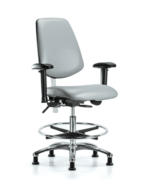 Class 100 Vinyl Clean Room Chair - Medium Bench Height with Medium Back, Adjustable Arms, Chrome Foot Ring, & Stationary Glides in Dove Trailblazer Vinyl - NCR-VMBCH-MB-CR-T0-A1-CF-RG-8567