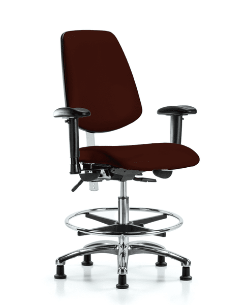 Class 100 Vinyl Clean Room Chair - Medium Bench Height with Medium Back, Adjustable Arms, Chrome Foot Ring, & Stationary Glides in Burgundy Trailblazer Vinyl - NCR-VMBCH-MB-CR-T0-A1-CF-RG-8569