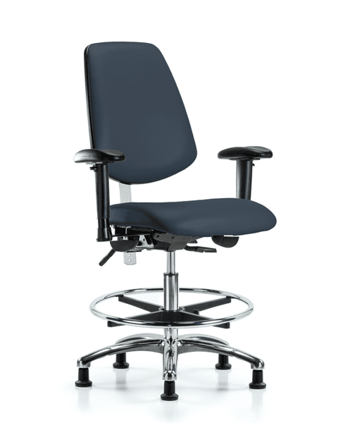 Class 100 Vinyl Clean Room Chair - Medium Bench Height with Medium Back, Adjustable Arms, Chrome Foot Ring, & Stationary Glides in Imperial Blue Trailblazer Vinyl - NCR-VMBCH-MB-CR-T0-A1-CF-RG-8582
