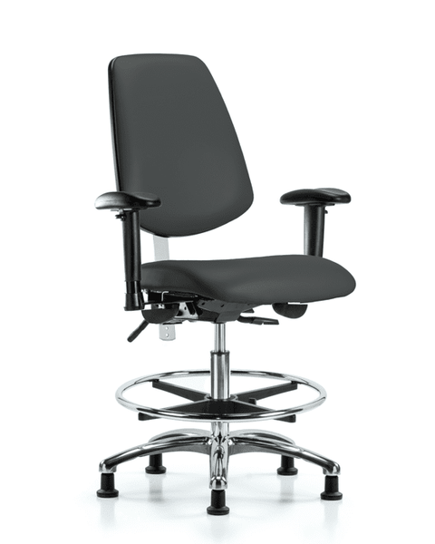 Class 100 Vinyl Clean Room Chair - Medium Bench Height with Medium Back, Adjustable Arms, Chrome Foot Ring, & Stationary Glides in Charcoal Trailblazer Vinyl - NCR-VMBCH-MB-CR-T0-A1-CF-RG-8605