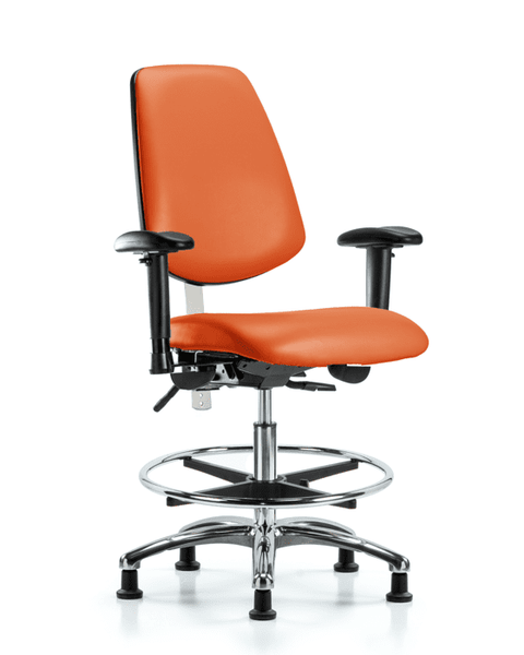 Class 100 Vinyl Clean Room Chair - Medium Bench Height with Medium Back, Adjustable Arms, Chrome Foot Ring, & Stationary Glides in Orange Kist Trailblazer Vinyl - NCR-VMBCH-MB-CR-T0-A1-CF-RG-8613