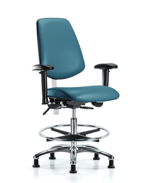 Class 100 Vinyl Clean Room Chair - Medium Bench Height with Medium Back, Adjustable Arms, Chrome Foot Ring, & Stationary Glides in Marine Blue Supernova Vinyl - NCR-VMBCH-MB-CR-T0-A1-CF-RG-8801
