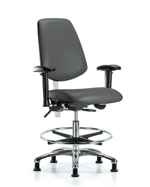 Class 100 Vinyl Clean Room Chair - Medium Bench Height with Medium Back, Adjustable Arms, Chrome Foot Ring, & Stationary Glides in Carbon Supernova Vinyl - NCR-VMBCH-MB-CR-T0-A1-CF-RG-8823