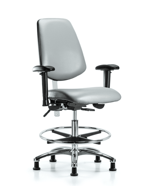 Class 100 Vinyl Clean Room Chair - Medium Bench Height with Medium Back, Adjustable Arms, Chrome Foot Ring, & Stationary Glides in Sterling Supernova Vinyl - NCR-VMBCH-MB-CR-T0-A1-CF-RG-8840