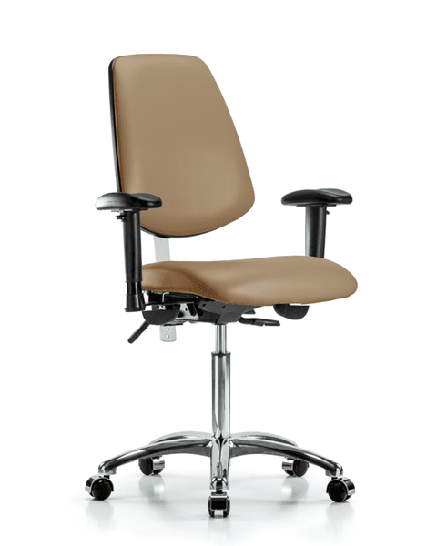 Class 100 Vinyl Clean Room Chair - Medium Bench Height with Medium Back, Adjustable Arms, & Casters in Taupe Trailblazer Vinyl - NCR-VMBCH-MB-CR-T0-A1-NF-CC-8584
