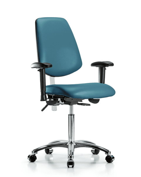 Class 100 Vinyl Clean Room Chair - Medium Bench Height with Medium Back, Adjustable Arms, & Casters in Marine Blue Supernova Vinyl - NCR-VMBCH-MB-CR-T0-A1-NF-CC-8801