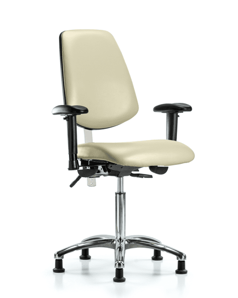 Class 100 Vinyl Clean Room Chair - Medium Bench Height with Medium Back, Adjustable Arms, & Stationary Glides in Adobe White Trailblazer Vinyl - NCR-VMBCH-MB-CR-T0-A1-NF-RG-8501