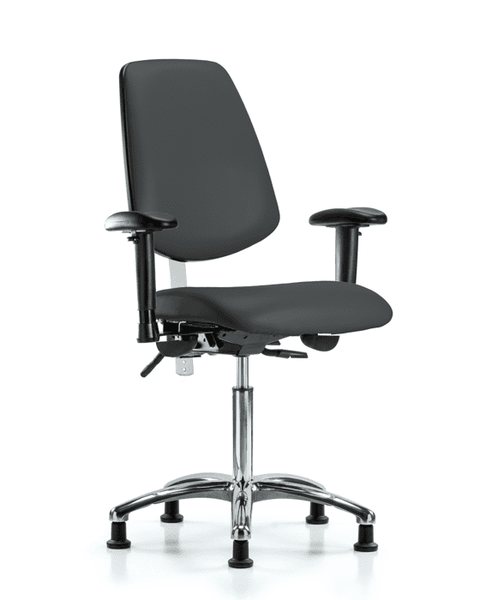 Class 100 Vinyl Clean Room Chair - Medium Bench Height with Medium Back, Adjustable Arms, & Stationary Glides in Charcoal Trailblazer Vinyl - NCR-VMBCH-MB-CR-T0-A1-NF-RG-8605