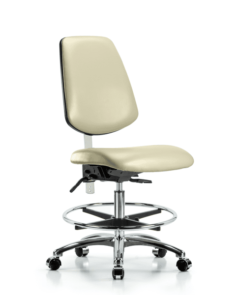 Class 100 Vinyl Clean Room Chair - Medium Bench Height with Medium Back, Seat Tilt, Chrome Foot Ring, & Casters in Adobe White Trailblazer Vinyl - NCR-VMBCH-MB-CR-T1-A0-CF-CC-8501