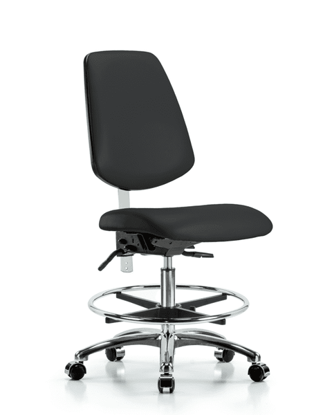 Class 100 Vinyl Clean Room Chair - Medium Bench Height with Medium Back, Seat Tilt, Chrome Foot Ring, & Casters in Black Trailblazer Vinyl - NCR-VMBCH-MB-CR-T1-A0-CF-CC-8540