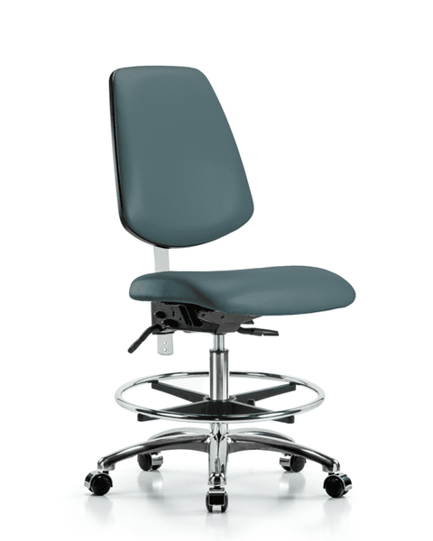 Class 100 Vinyl Clean Room Chair - Medium Bench Height with Medium Back, Seat Tilt, Chrome Foot Ring, & Casters in Colonial Blue Trailblazer Vinyl - NCR-VMBCH-MB-CR-T1-A0-CF-CC-8546