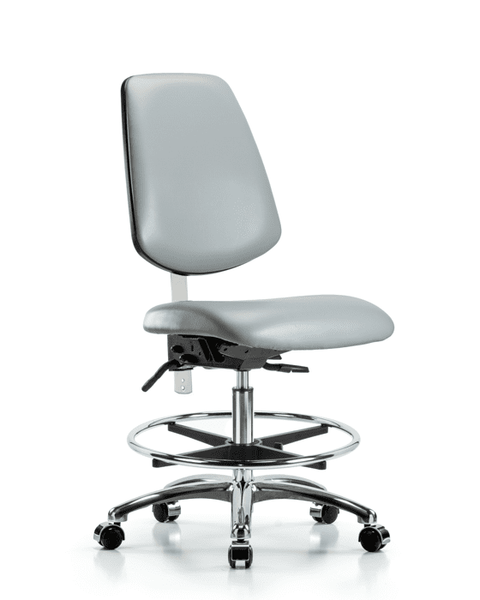 Class 100 Vinyl Clean Room Chair - Medium Bench Height with Medium Back, Seat Tilt, Chrome Foot Ring, & Casters in Dove Trailblazer Vinyl - NCR-VMBCH-MB-CR-T1-A0-CF-CC-8567