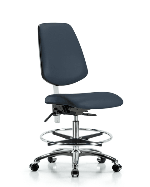 Class 100 Vinyl Clean Room Chair - Medium Bench Height with Medium Back, Seat Tilt, Chrome Foot Ring, & Casters in Imperial Blue Trailblazer Vinyl - NCR-VMBCH-MB-CR-T1-A0-CF-CC-8582
