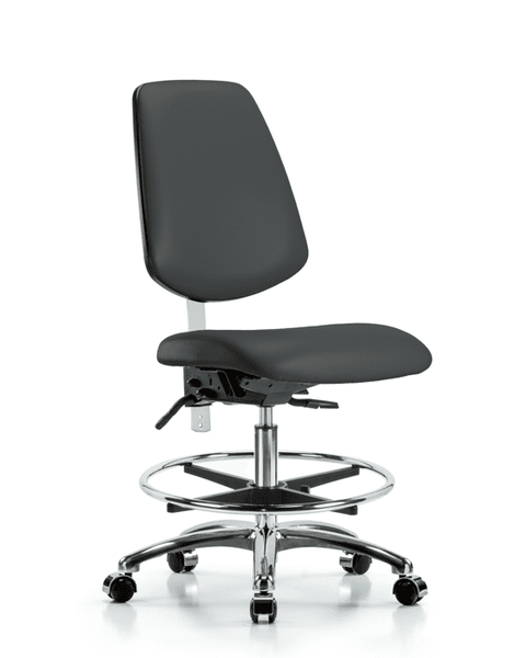 Class 100 Vinyl Clean Room Chair - Medium Bench Height with Medium Back, Seat Tilt, Chrome Foot Ring, & Casters in Charcoal Trailblazer Vinyl - NCR-VMBCH-MB-CR-T1-A0-CF-CC-8605