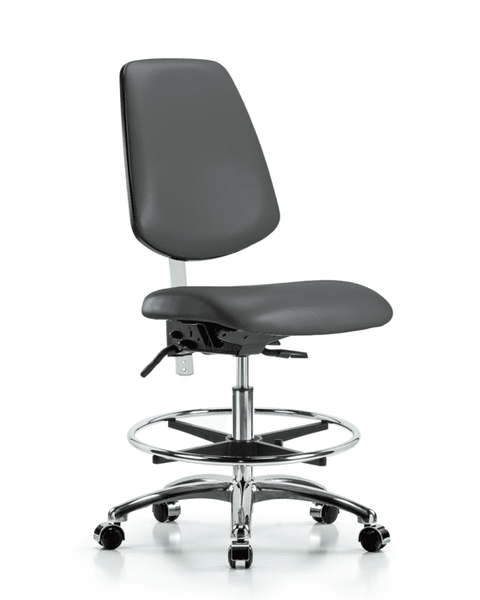 Class 100 Vinyl Clean Room Chair - Medium Bench Height with Medium Back, Seat Tilt, Chrome Foot Ring, & Casters in Carbon Supernova Vinyl - NCR-VMBCH-MB-CR-T1-A0-CF-CC-8823