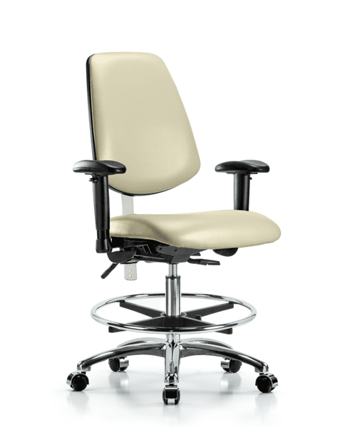 Class 100 Vinyl Clean Room Chair - Medium Bench Height with Medium Back, Seat Tilt, Adjustable Arms, Chrome Foot Ring, & Casters in Adobe White Trailblazer Vinyl - NCR-VMBCH-MB-CR-T1-A1-CF-CC-8501