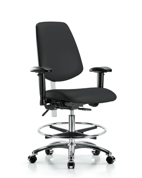 Class 100 Vinyl Clean Room Chair - Medium Bench Height with Medium Back, Seat Tilt, Adjustable Arms, Chrome Foot Ring, & Casters in Black Trailblazer Vinyl - NCR-VMBCH-MB-CR-T1-A1-CF-CC-8540
