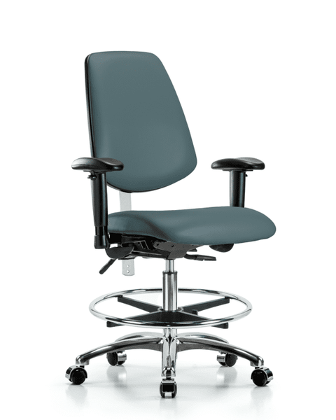 Class 100 Vinyl Clean Room Chair - Medium Bench Height with Medium Back, Seat Tilt, Adjustable Arms, Chrome Foot Ring, & Casters in Colonial Blue Trailblazer Vinyl - NCR-VMBCH-MB-CR-T1-A1-CF-CC-8546