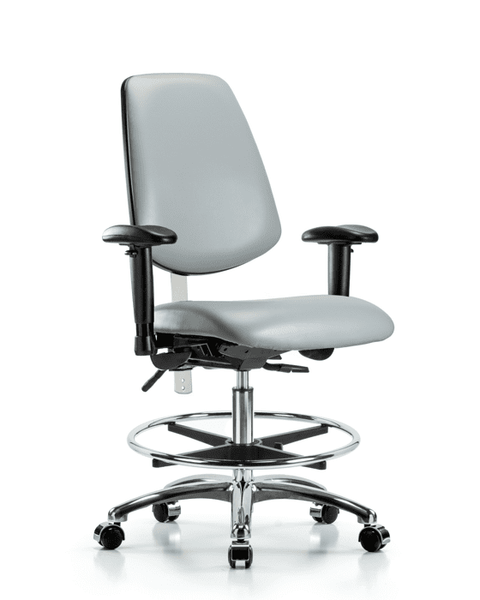 Class 100 Vinyl Clean Room Chair - Medium Bench Height with Medium Back, Seat Tilt, Adjustable Arms, Chrome Foot Ring, & Casters in Dove Trailblazer Vinyl - NCR-VMBCH-MB-CR-T1-A1-CF-CC-8567
