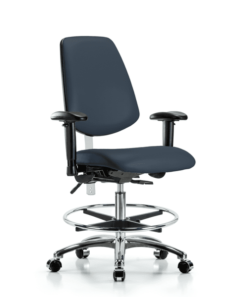 Class 100 Vinyl Clean Room Chair - Medium Bench Height with Medium Back, Seat Tilt, Adjustable Arms, Chrome Foot Ring, & Casters in Imperial Blue Trailblazer Vinyl - NCR-VMBCH-MB-CR-T1-A1-CF-CC-8582