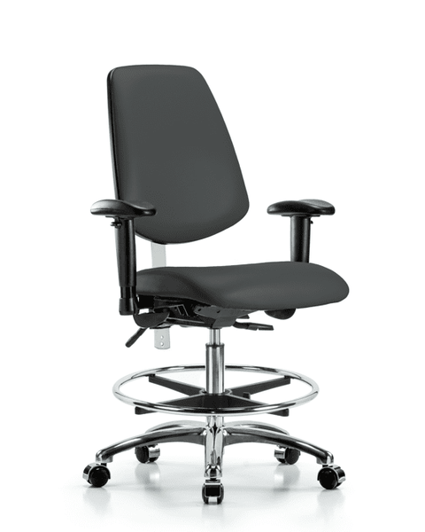 Class 100 Vinyl Clean Room Chair - Medium Bench Height with Medium Back, Seat Tilt, Adjustable Arms, Chrome Foot Ring, & Casters in Charcoal Trailblazer Vinyl - NCR-VMBCH-MB-CR-T1-A1-CF-CC-8605
