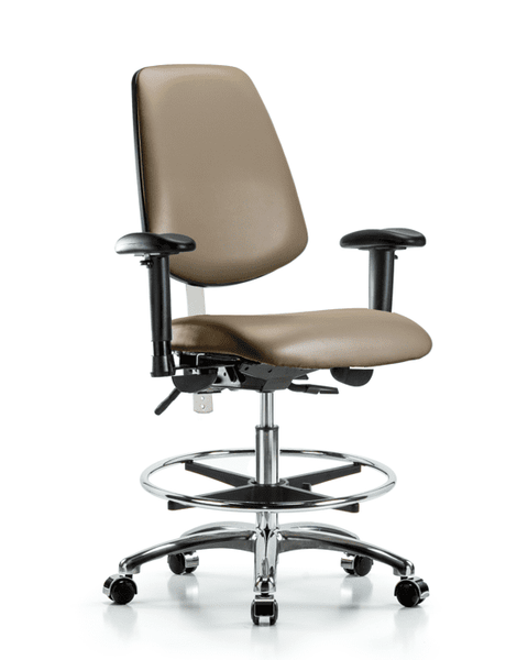 Class 100 Vinyl Clean Room Chair - Medium Bench Height with Medium Back, Seat Tilt, Adjustable Arms, Chrome Foot Ring, & Casters in Taupe Supernova Vinyl - NCR-VMBCH-MB-CR-T1-A1-CF-CC-8809