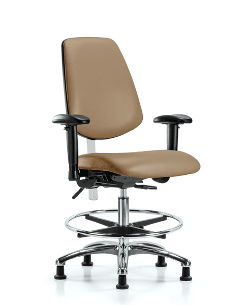 Class 100 Vinyl Clean Room Chair - Medium Bench Height with Medium Back, Seat Tilt, Adjustable Arms, Chrome Foot Ring, & Stationary Glides in Taupe Trailblazer Vinyl - NCR-VMBCH-MB-CR-T1-A1-CF-RG-8584