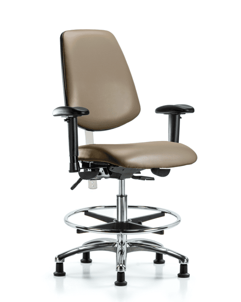 Class 100 Vinyl Clean Room Chair - Medium Bench Height with Medium Back, Seat Tilt, Adjustable Arms, Chrome Foot Ring, & Stationary Glides in Taupe Supernova Vinyl - NCR-VMBCH-MB-CR-T1-A1-CF-RG-8809