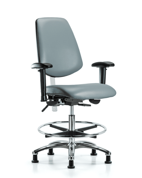 Class 100 Vinyl Clean Room Chair - Medium Bench Height with Medium Back, Seat Tilt, Adjustable Arms, Chrome Foot Ring, & Stationary Glides in Storm Supernova Vinyl - NCR-VMBCH-MB-CR-T1-A1-CF-RG-8822