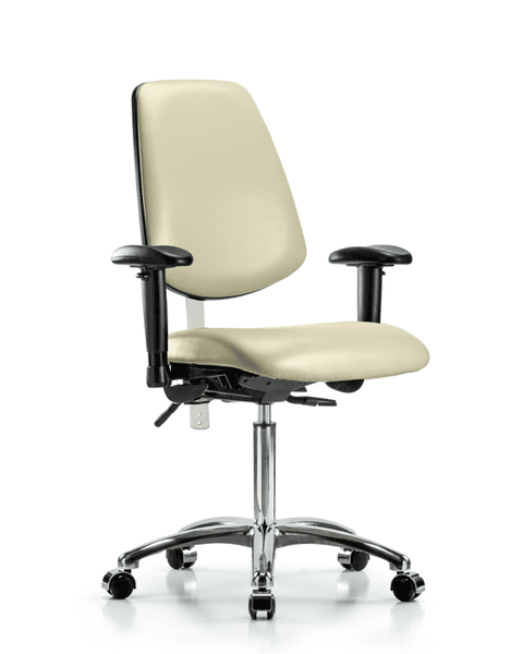 Class 100 Vinyl Clean Room Chair - Medium Bench Height with Medium Back, Seat Tilt, Adjustable Arms, & Casters in Adobe White Trailblazer Vinyl - NCR-VMBCH-MB-CR-T1-A1-NF-CC-8501