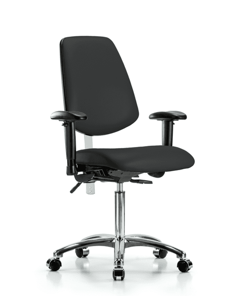 Class 100 Vinyl Clean Room Chair - Medium Bench Height with Medium Back, Seat Tilt, Adjustable Arms, & Casters in Black Trailblazer Vinyl - NCR-VMBCH-MB-CR-T1-A1-NF-CC-8540
