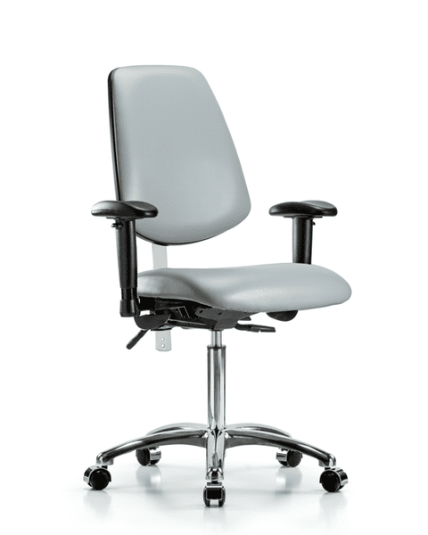 Class 100 Vinyl Clean Room Chair - Medium Bench Height with Medium Back, Seat Tilt, Adjustable Arms, & Casters in Dove Trailblazer Vinyl - NCR-VMBCH-MB-CR-T1-A1-NF-CC-8567