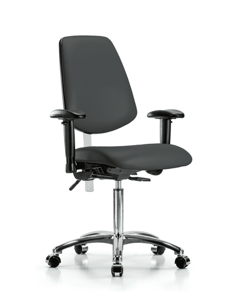 Class 100 Vinyl Clean Room Chair - Medium Bench Height with Medium Back, Seat Tilt, Adjustable Arms, & Casters in Charcoal Trailblazer Vinyl - NCR-VMBCH-MB-CR-T1-A1-NF-CC-8605