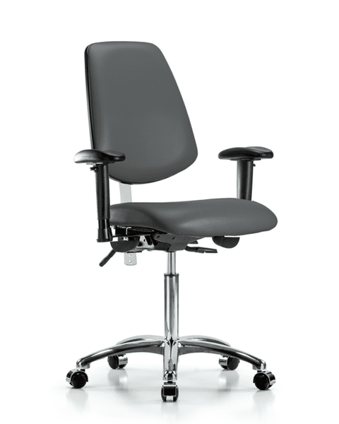 Class 100 Vinyl Clean Room Chair - Medium Bench Height with Medium Back, Seat Tilt, Adjustable Arms, & Casters in Carbon Supernova Vinyl - NCR-VMBCH-MB-CR-T1-A1-NF-CC-8823